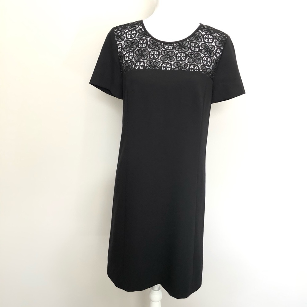 Tahari Dress Shift Crocheted Gem Floral Flower Beaded Lined Party Cocktail Black